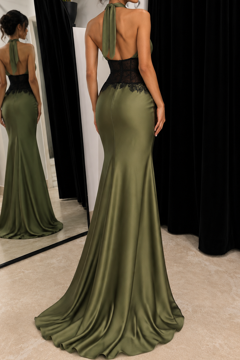 Halter Satin Maxi Dress with Sheer Lace Waist