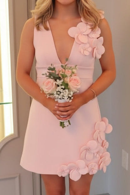 Floral Applique Deep V-Neck A-Line Mini Dress