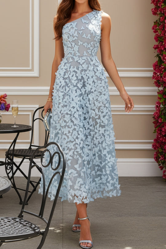 One-Shoulder 3D Butterfly A-Line Midi Dress