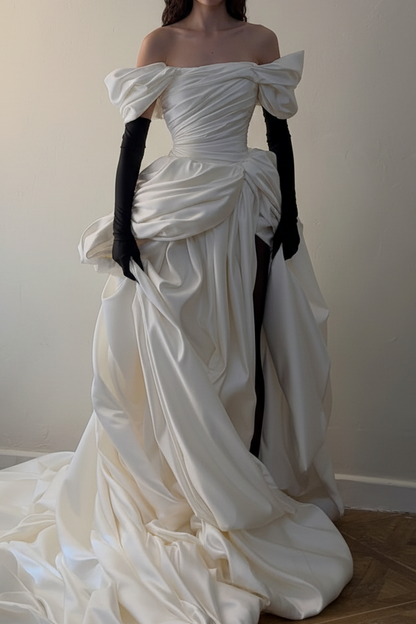 Off-the-Shoulder Draped Gown with High Slit