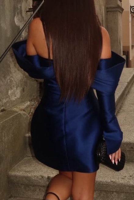 Off-Shoulder Satin Mini Dress with Bell Sleeves