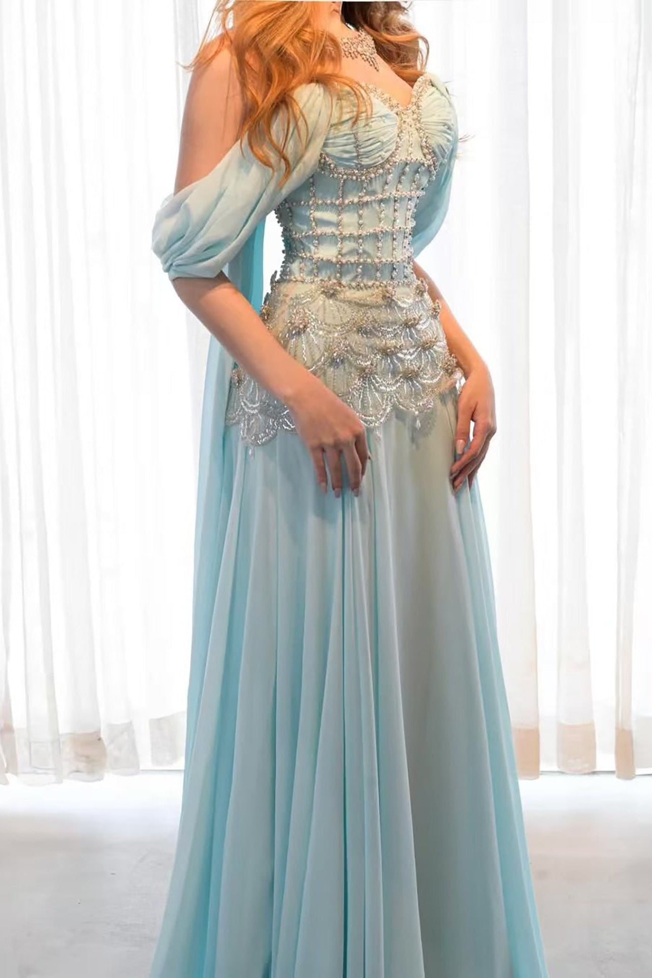 Pearl Beaded Corset Chiffon A-Line Prom Dress