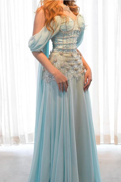 Pearl Beaded Corset Chiffon A-Line Prom Dress