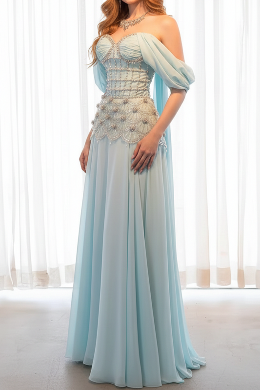 Pearl Beaded Corset Chiffon A-Line Prom Dress