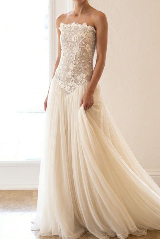 Strapless Drop Waist Floral Embroidered Wedding Dress