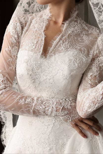A-Line Lace Wedding Dress with Long Sleeves and Train