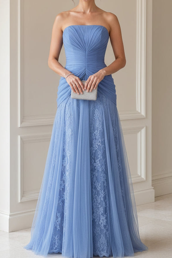 Strapless Ruched Tulle and Lace A-Line Gown