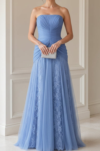 Strapless Ruched Tulle and Lace A-Line Gown