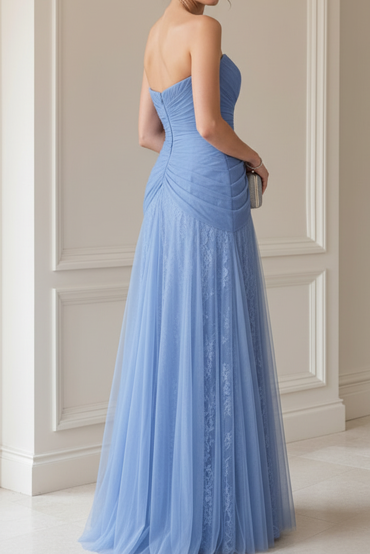 Strapless Ruched Tulle and Lace A-Line Gown