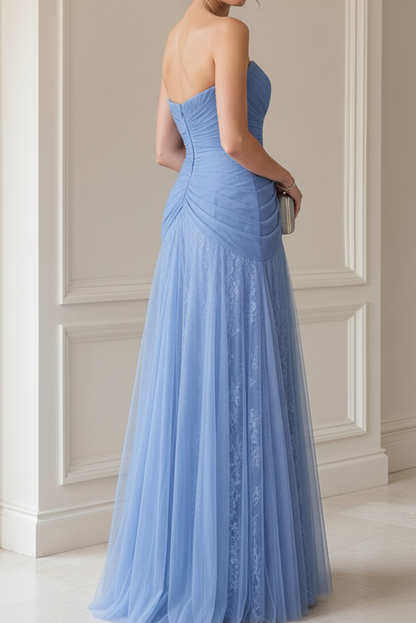 Strapless Ruched Tulle and Lace A-Line Gown