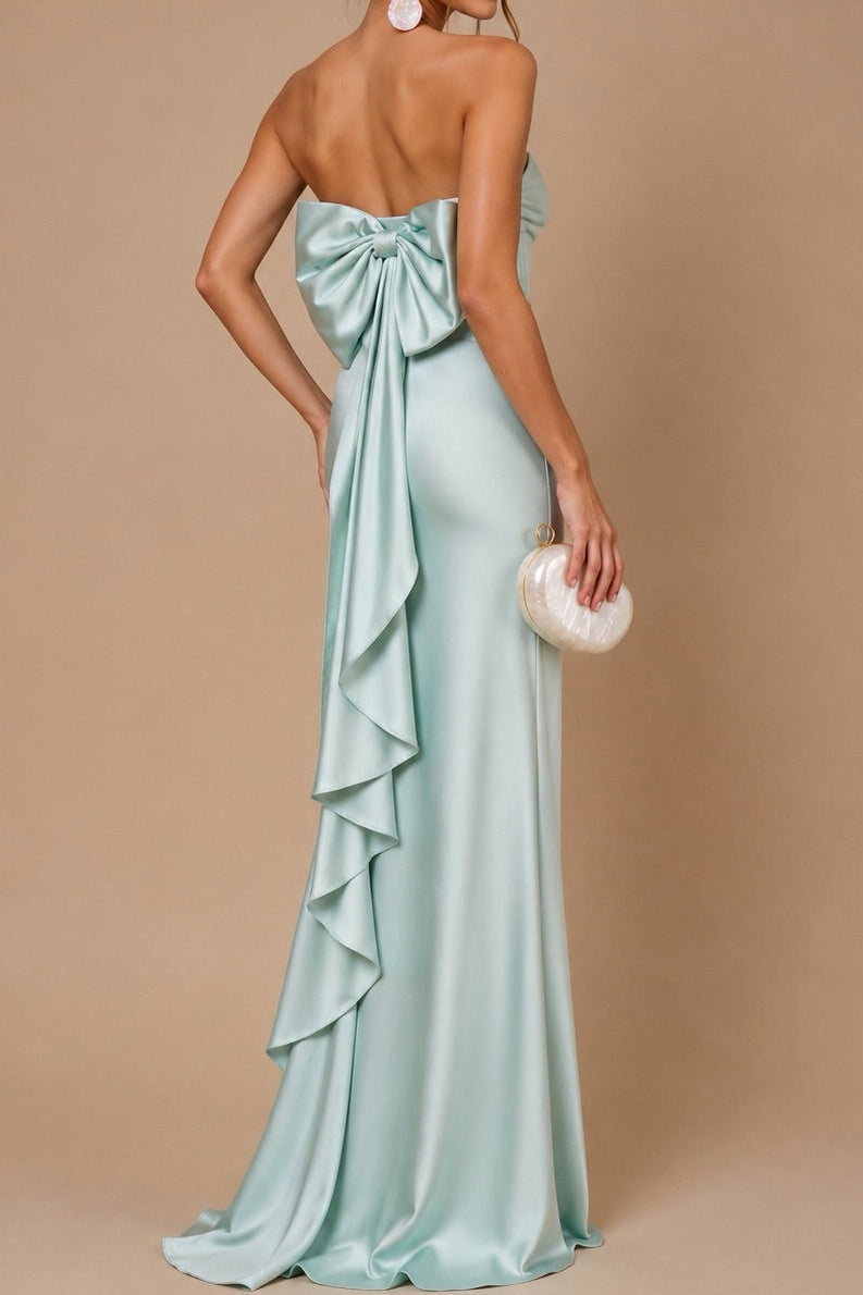 Strapless Satin Column Gown with Back Bow Detail