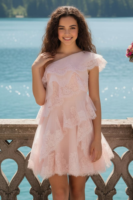 One-Shoulder Lace-Trimmed Tiered Mini Dress