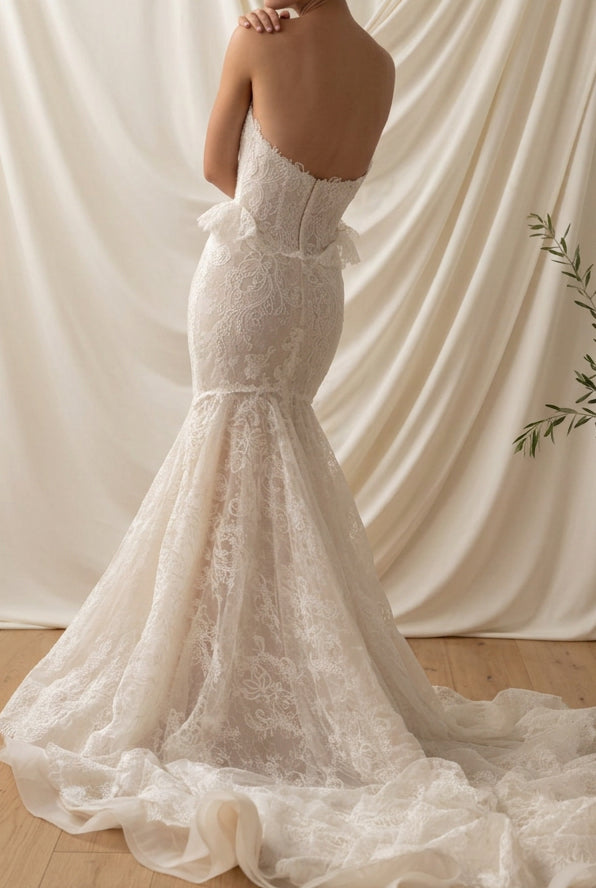 Strapless Lace Mermaid Wedding Dress with Peplum