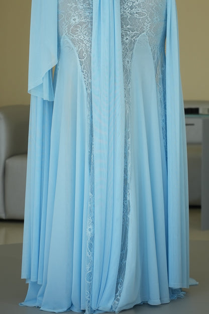Halter Neck Draped Lace Overlay Evening Gown
