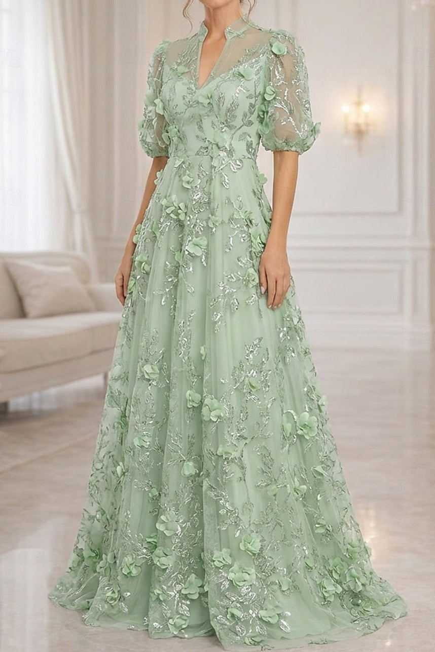 3D Floral Applique A-Line Gown with Puff Sleeves