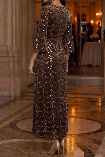 Sequin Velvet Ankle-Length Dress with Bell Sleeves