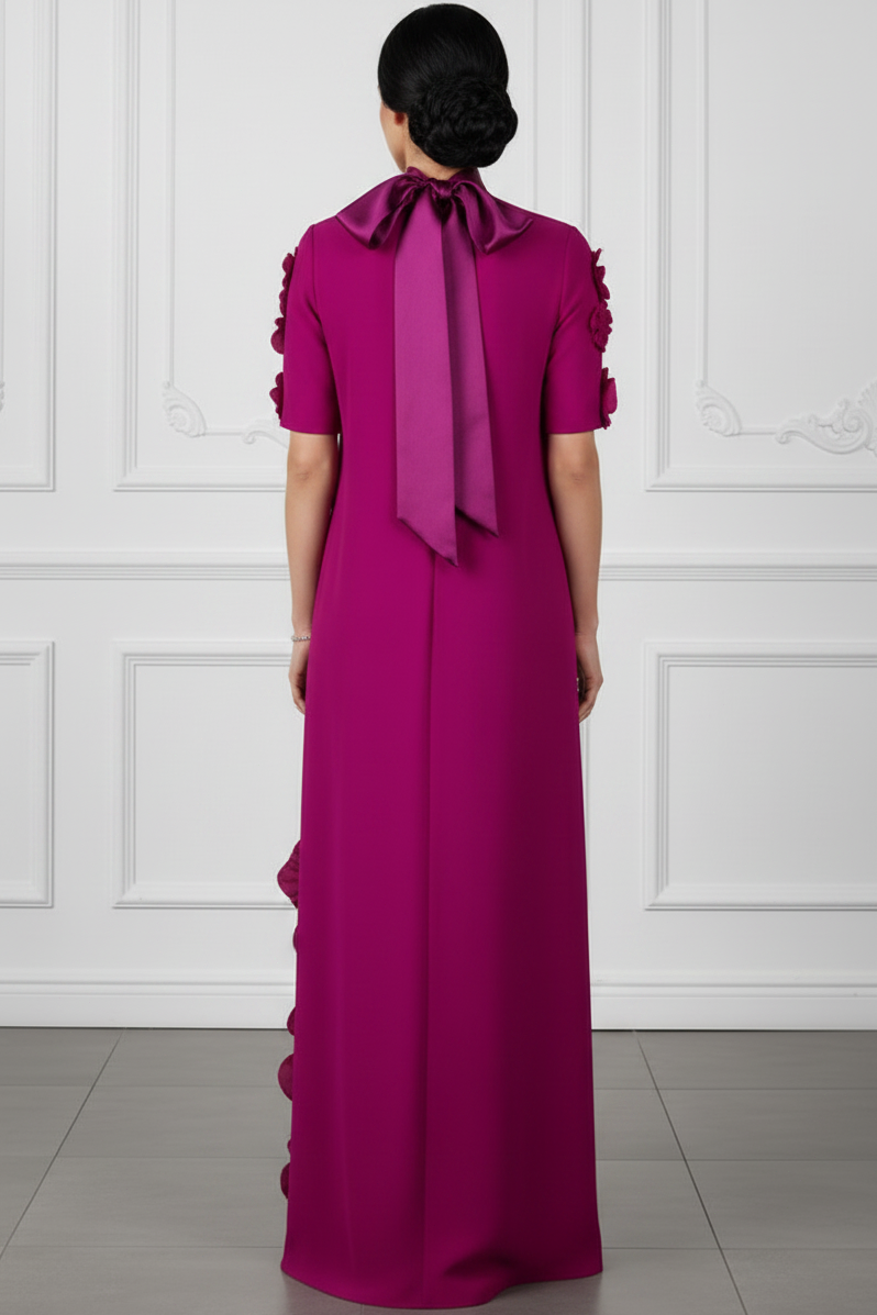 High Neck Column Gown with 3D Flowers and Bow