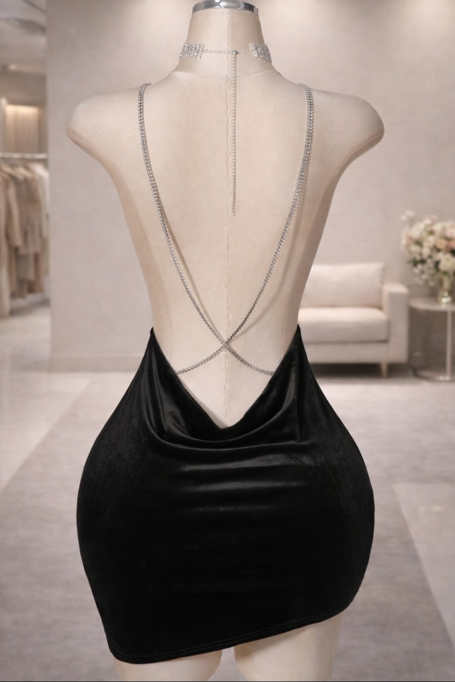 Velvet Cowl Neck Mini Dress with Chain Straps