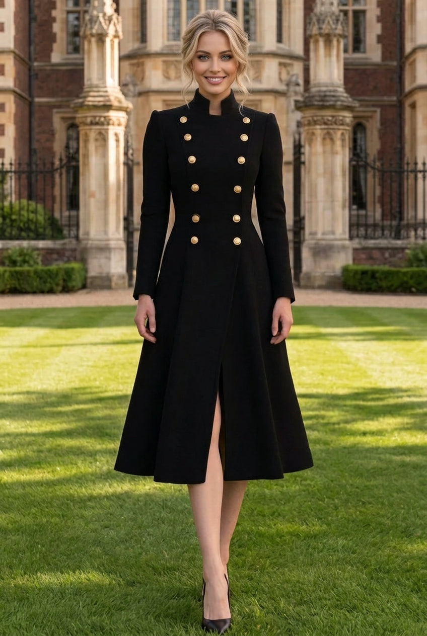 Double-Breasted A-Line Coat Dress with Buttons