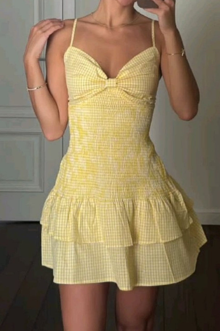 Gingham Spaghetti Strap Smocked Tiered Mini Dress