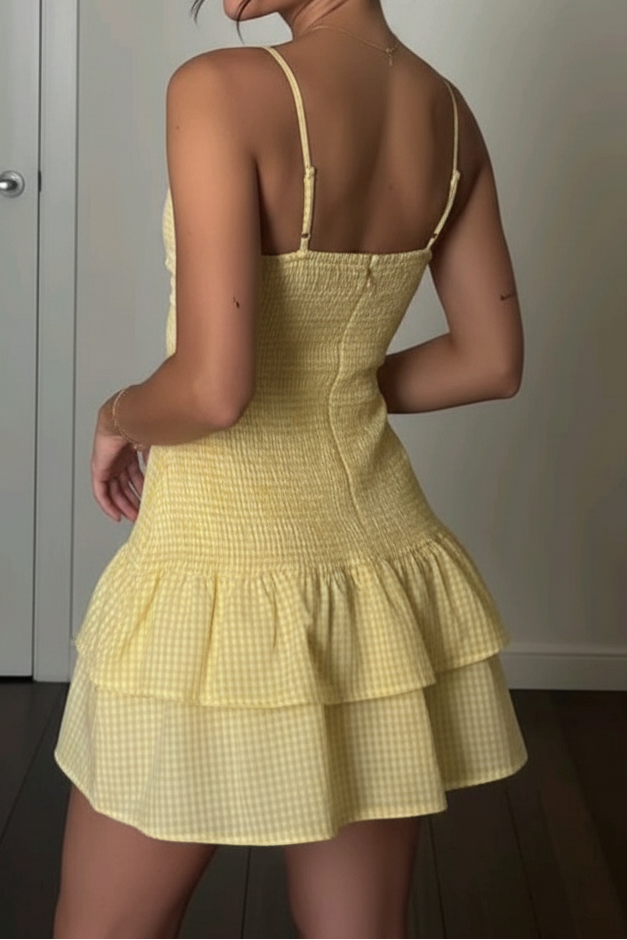 Gingham Spaghetti Strap Smocked Tiered Mini Dress