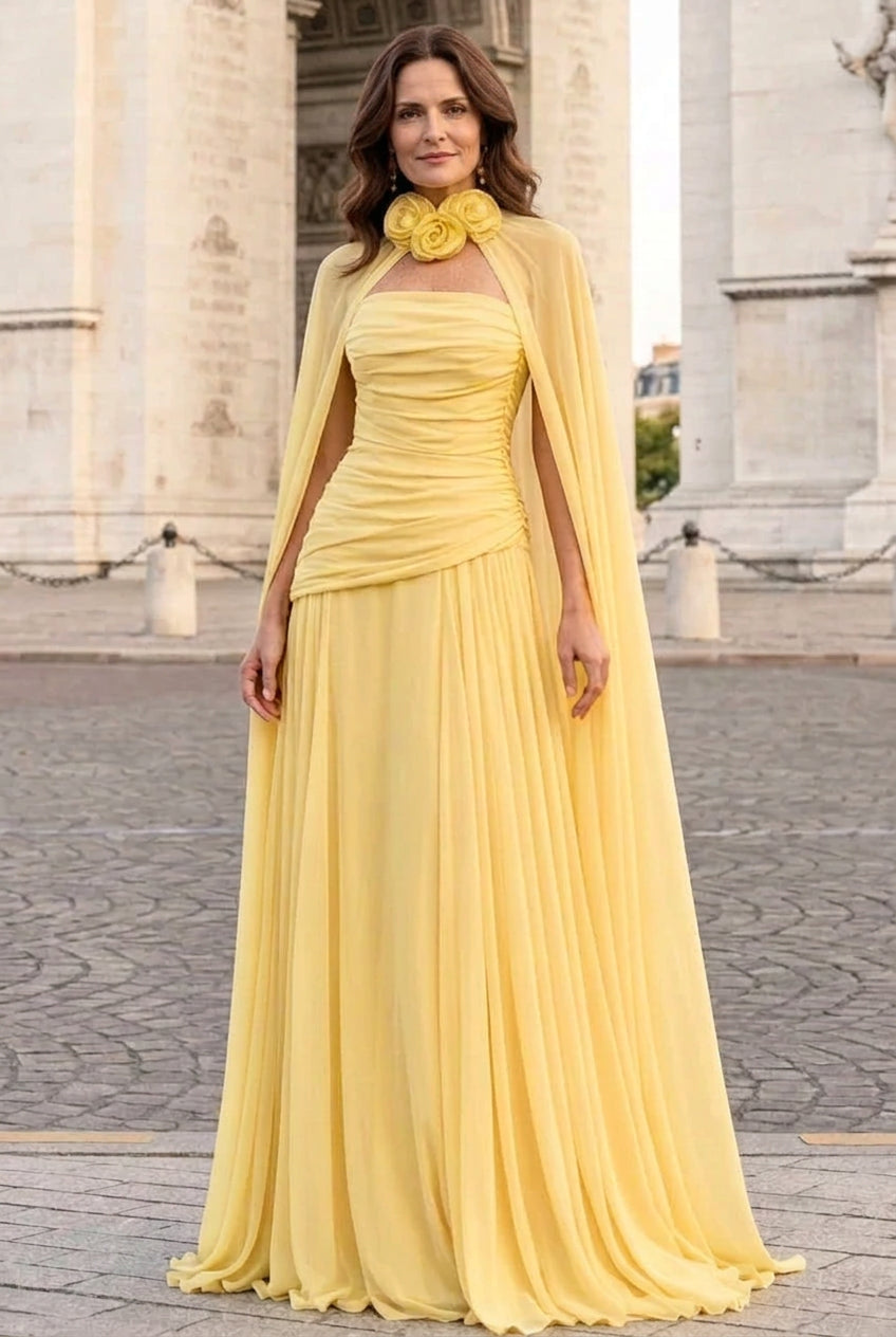 Strapless Ruched Gown with Chiffon Cape