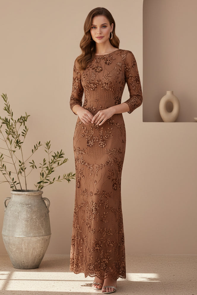 Elegant Beaded Sheath Evening Gown with 3/4 Sleeves