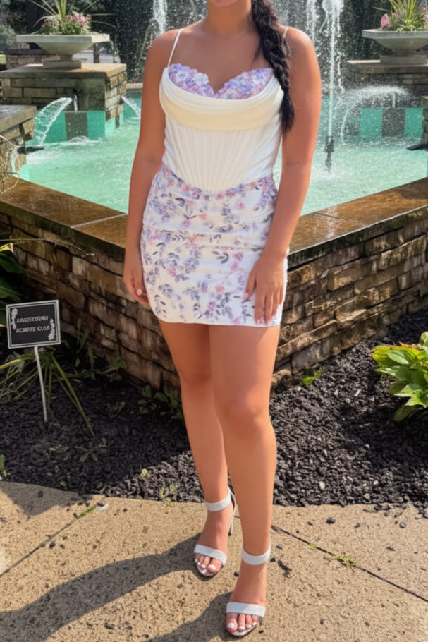 Floral Corset Mini Dress with Pleated Bodice