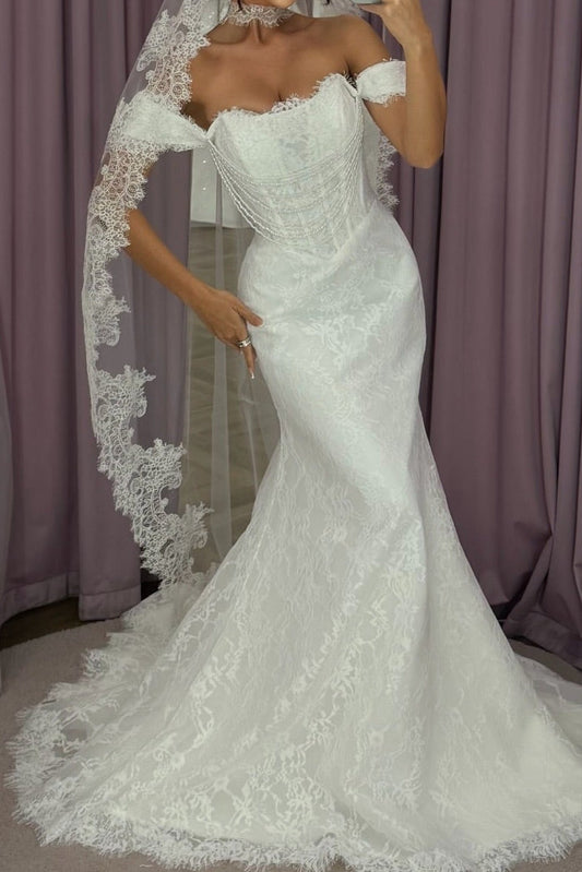 Off-Shoulder Lace Mermaid Wedding Gown with Pearl Corset
