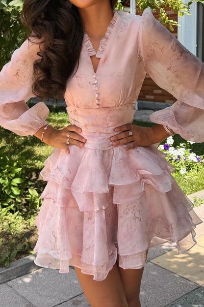Floral Chiffon Long Sleeve Tiered Mini Dress