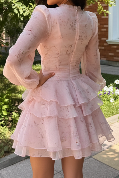 Floral Chiffon Long Sleeve Tiered Mini Dress