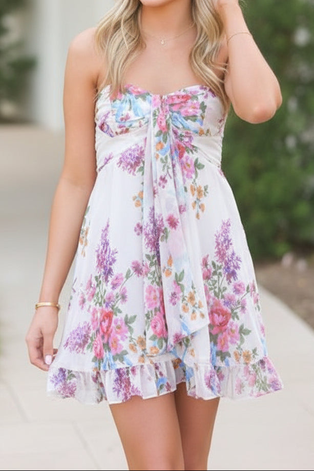 Strapless Floral Print Mini Dress with Front Drape