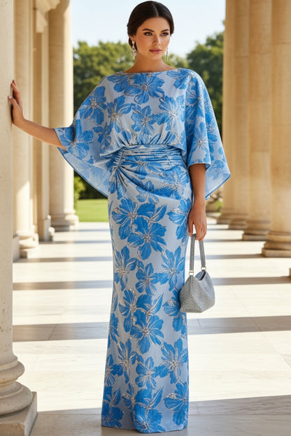 Floral Jacquard Cape Sleeve Evening Gown