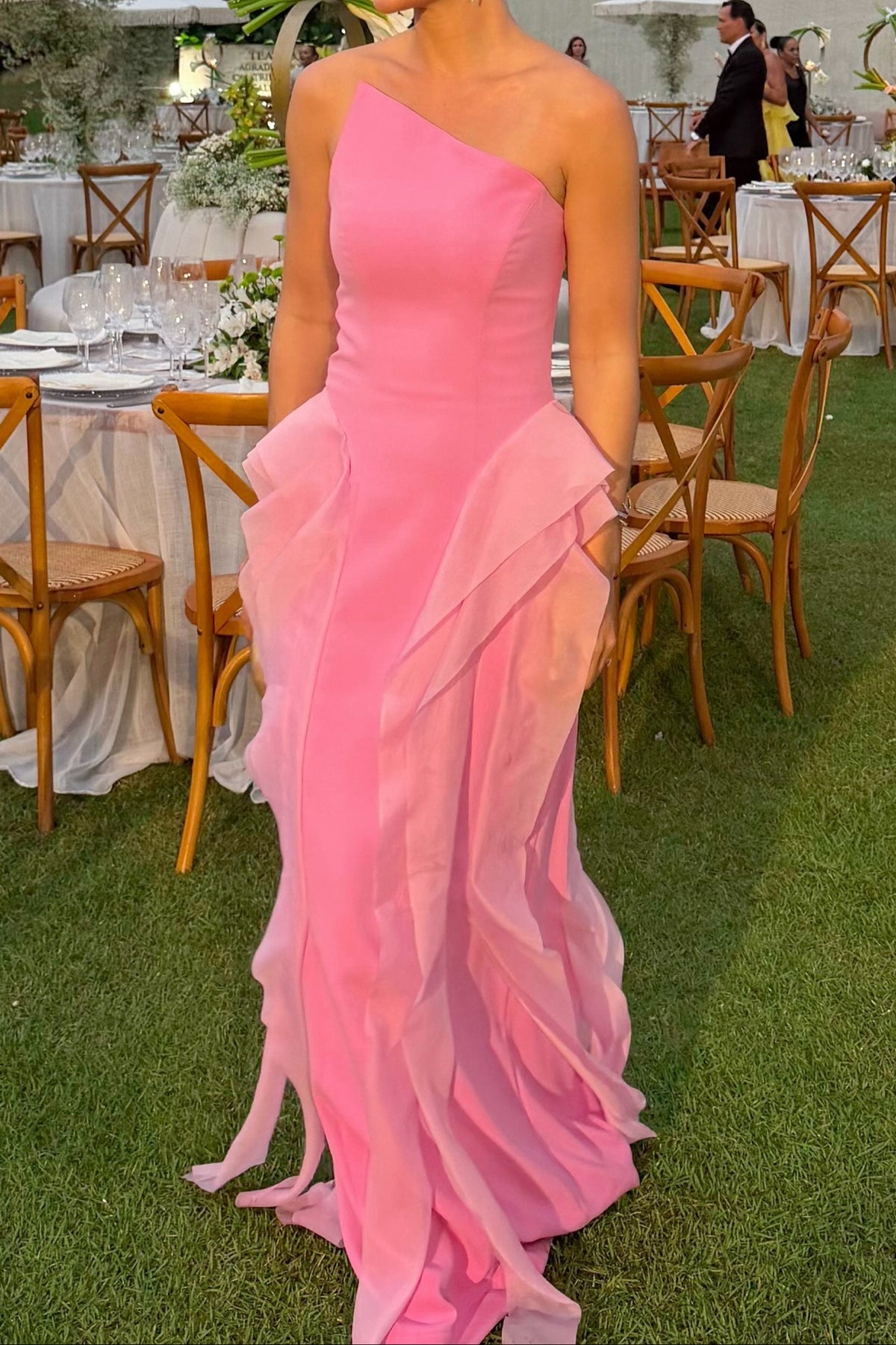 Asymmetrical Neckline Gown with Side Ruffles