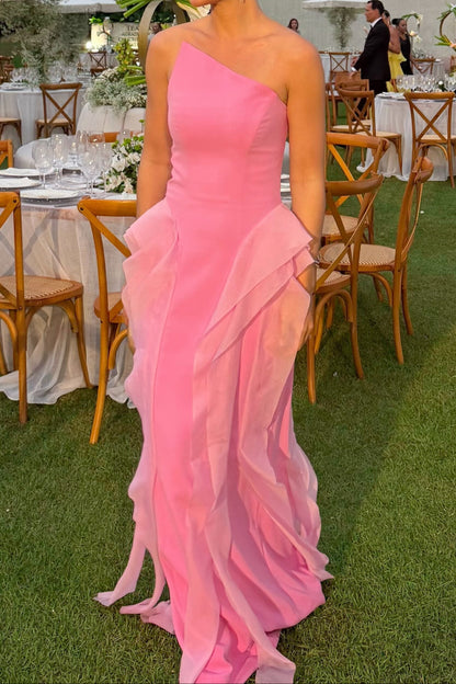 Asymmetrical Neckline Gown with Side Ruffles