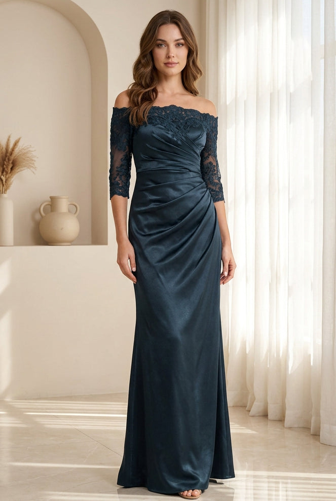 Off-Shoulder Ruched Satin Gown with Lace Sleeves