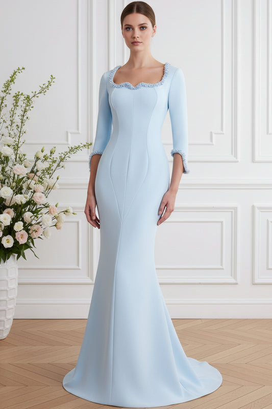 Crepe Scoop Neck Mermaid Gown with Beaded Trim