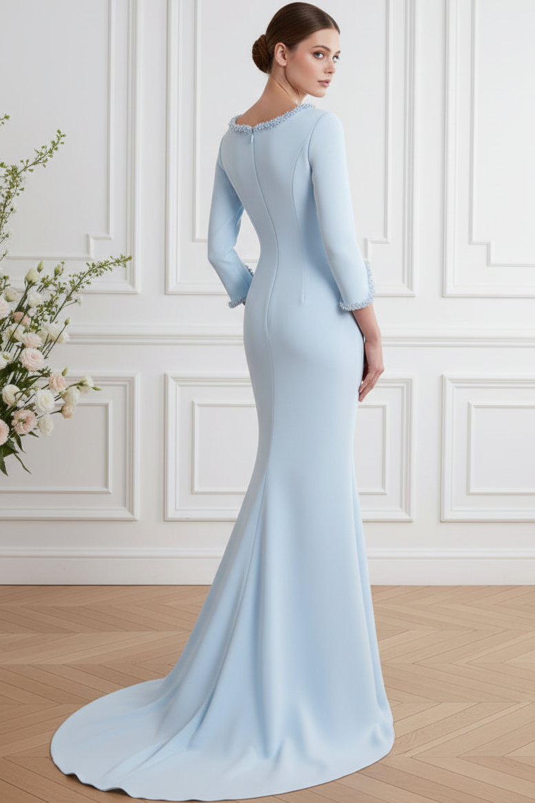 Crepe Scoop Neck Mermaid Gown with Beaded Trim