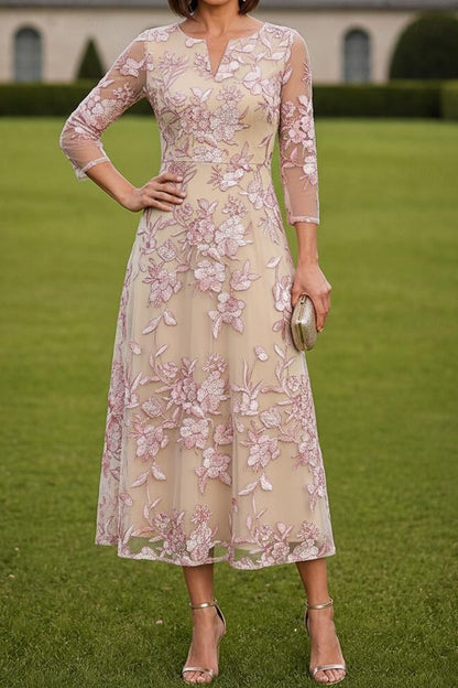 Floral Embroidered Midi Dress with 3/4 Sleeves