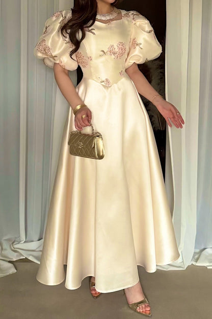 Embroidered Satin A-Line Evening Gown with Puff Sleeves