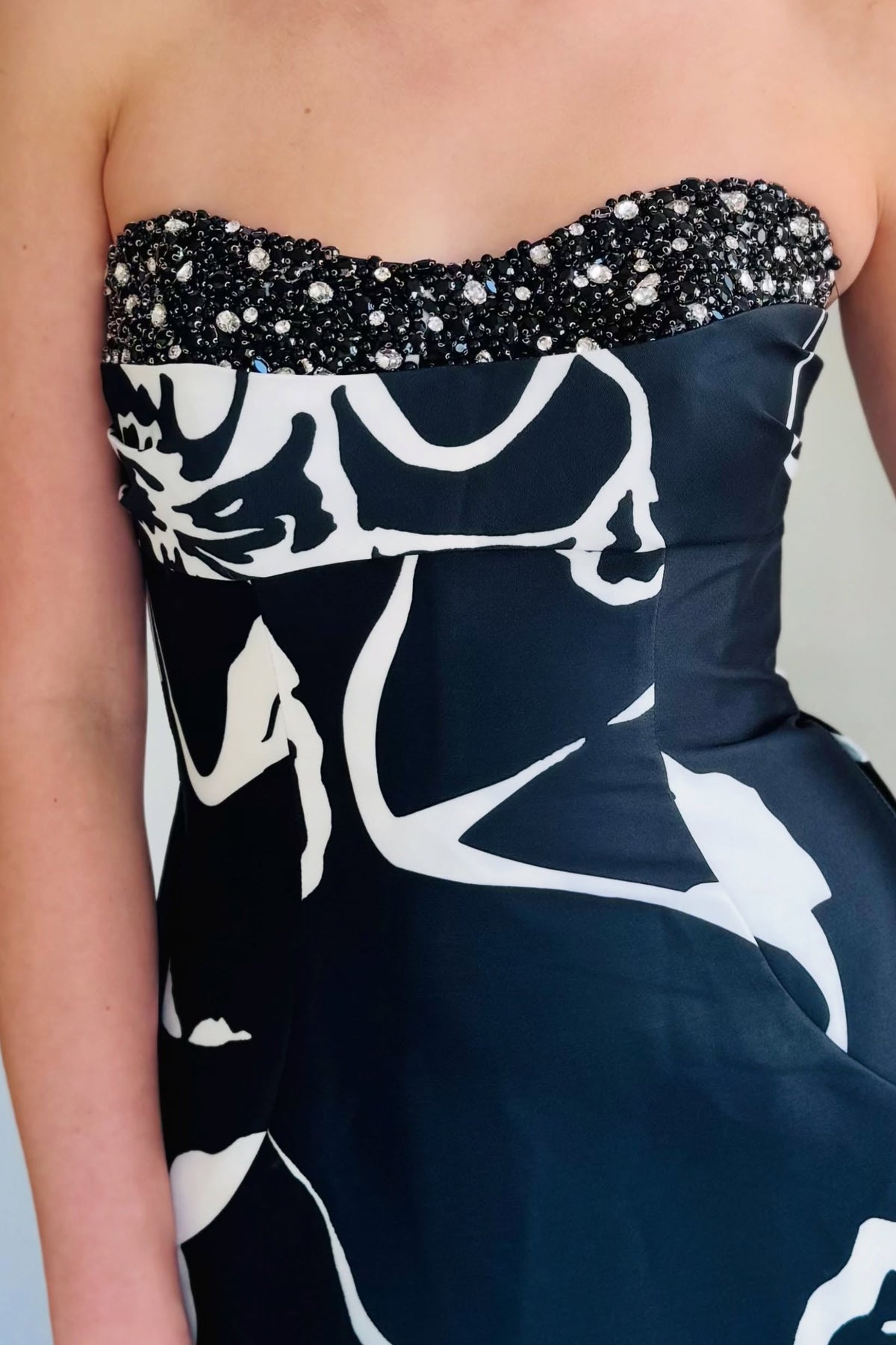Strapless Floral Print Gown with Beaded Neckline