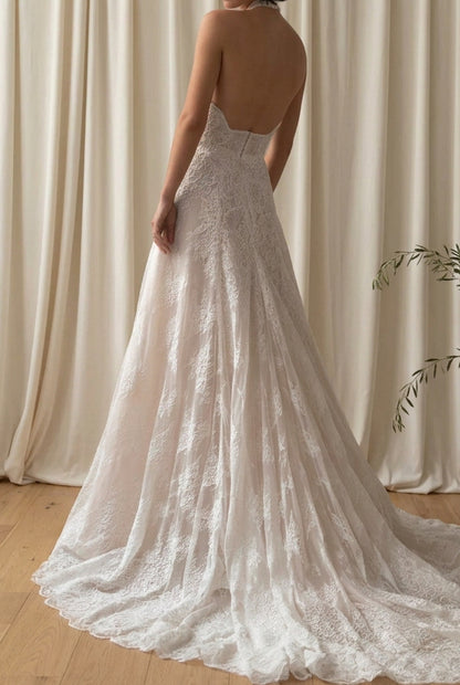 Halter High Neck Lace A-Line Wedding Dress