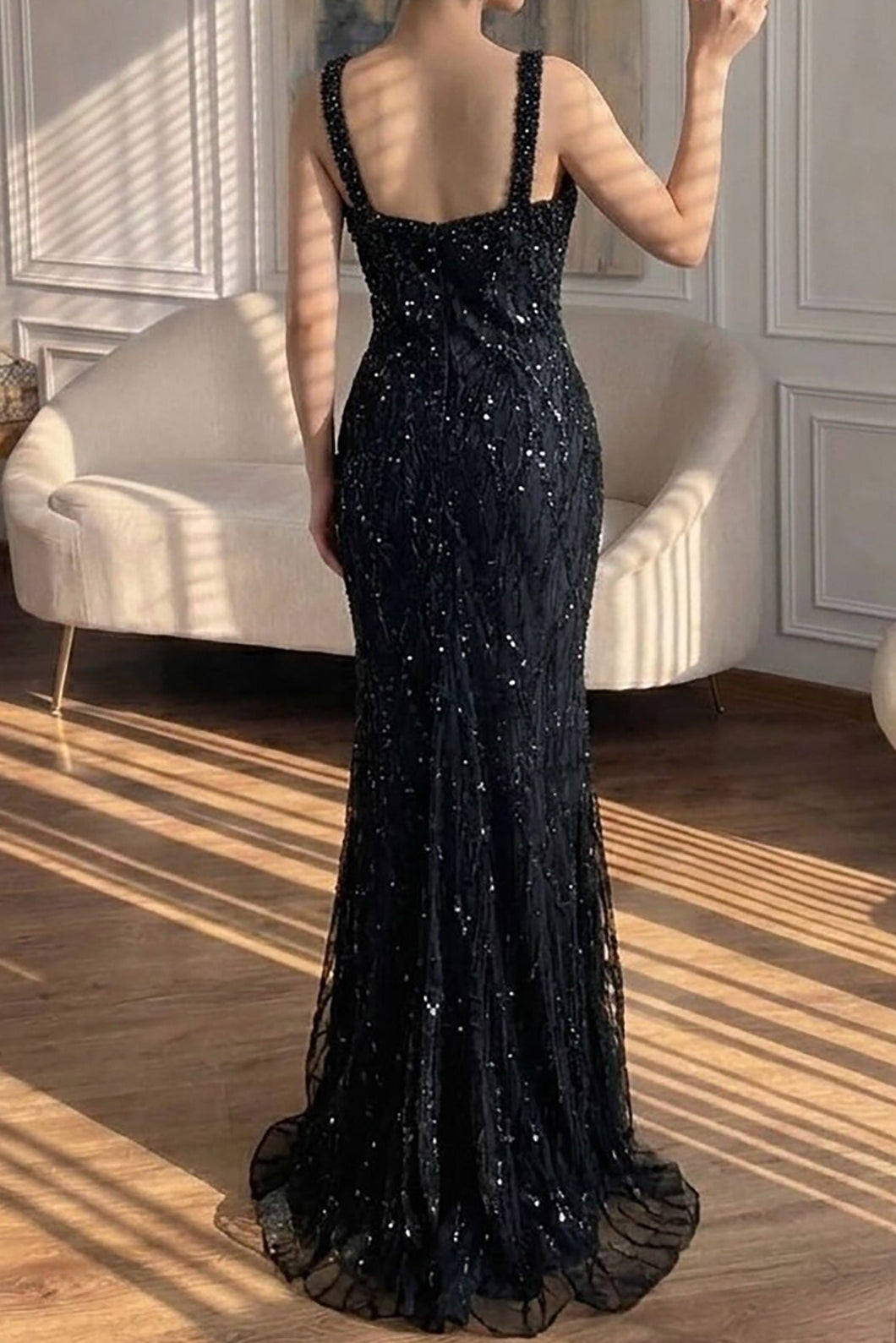 Square Neck Sequin Mermaid Evening Gown