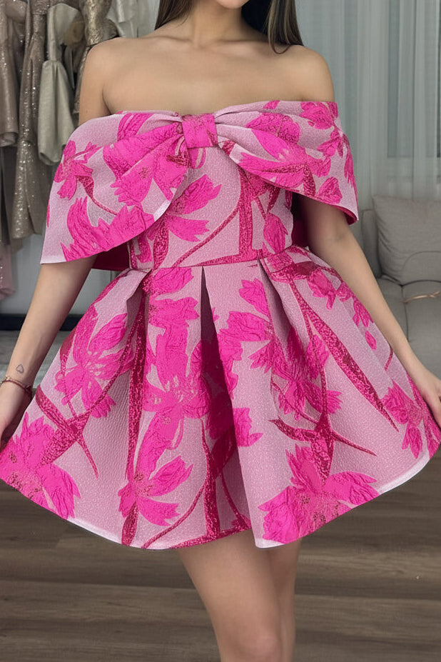 Off-the-Shoulder Bow Bodice Floral Jacquard Mini Dress