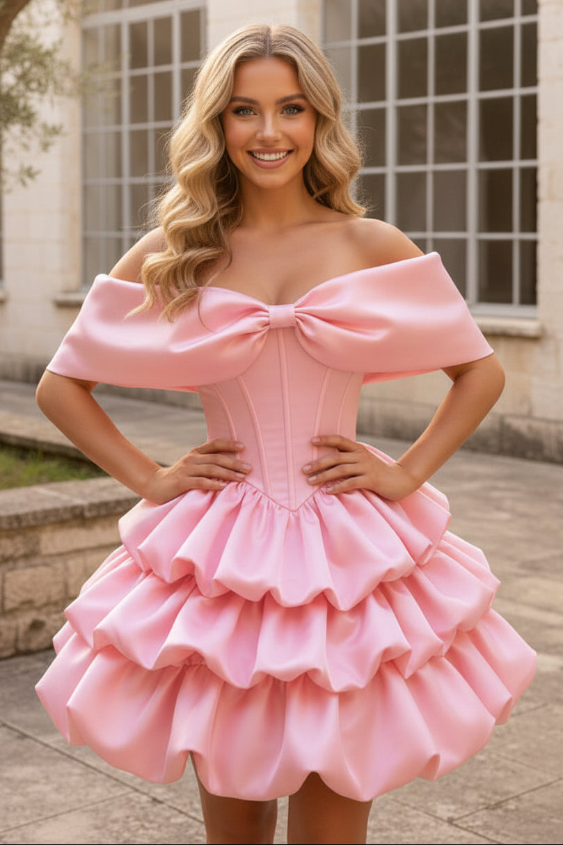 Off-Shoulder Bow Corset Tiered Ruffle Mini Dress
