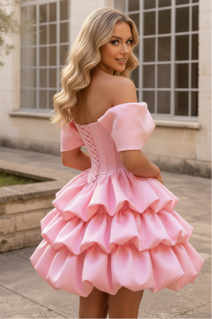 Off-Shoulder Bow Corset Tiered Ruffle Mini Dress
