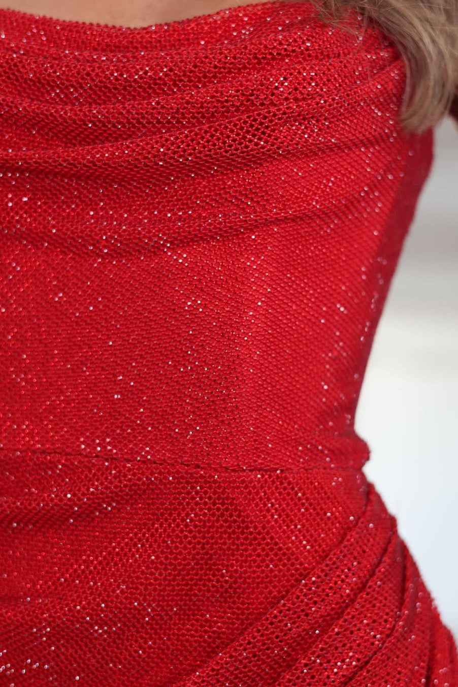 Strapless Ruched Glitter Bodycon Mini Dress
