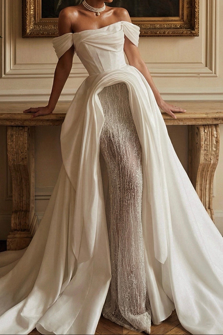 Off-Shoulder Gown with Beaded Column & Overskirt