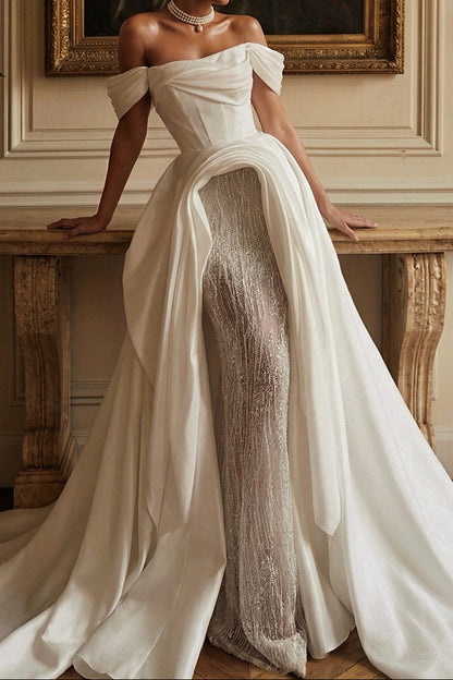 Off-Shoulder Gown with Beaded Column & Overskirt