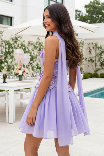 Strapless Floral Applique Corset Mini Dress with Scarf